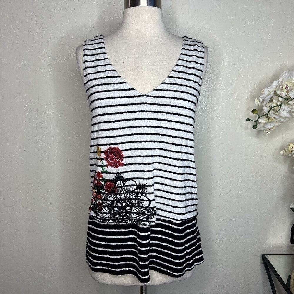 Desigual Lisboa Knitted Stripped Tank T-Shirt Black/White w/Floral S